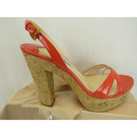 NIB PRADA 1Z648D CORAL PINK PATENT LEATHER SLINGBACK CORK SANDALS PUMPS 39.5 - Picture 4 of 12